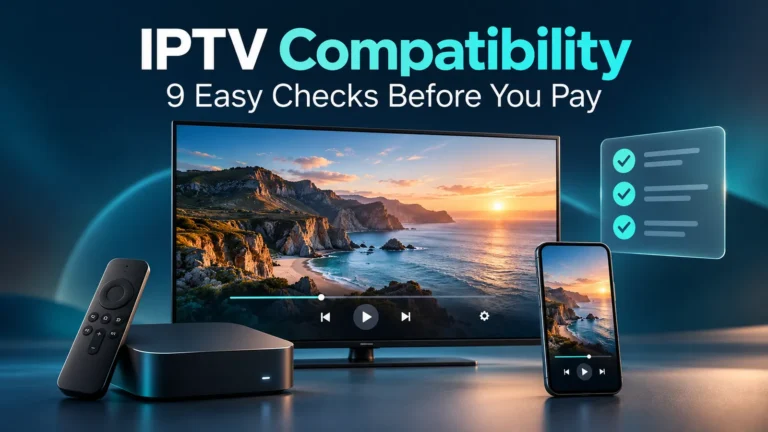 IPTV compatibility illustration showing a smart TV, streaming device, smartphone, and checklist