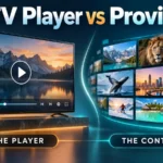 IPTV player vs provider showing a TV playback interface beside a content library