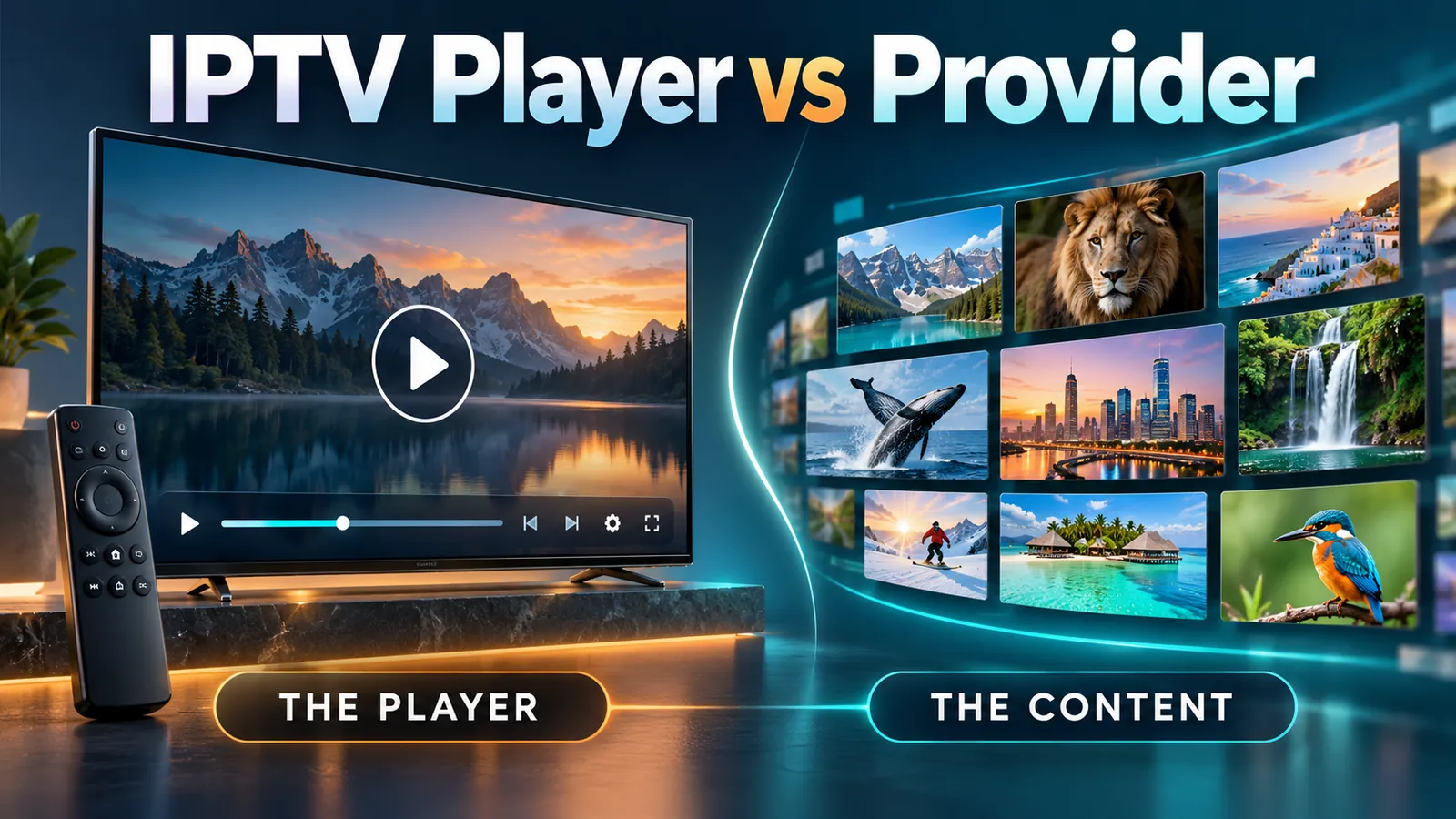 IPTV player vs provider showing a TV playback interface beside a content library